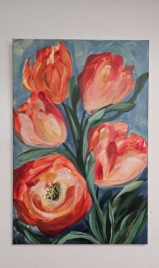 SALE 50% - Embrace #1 _ Tulip Flower Painting by Zoe White _ Acrylic on canvas