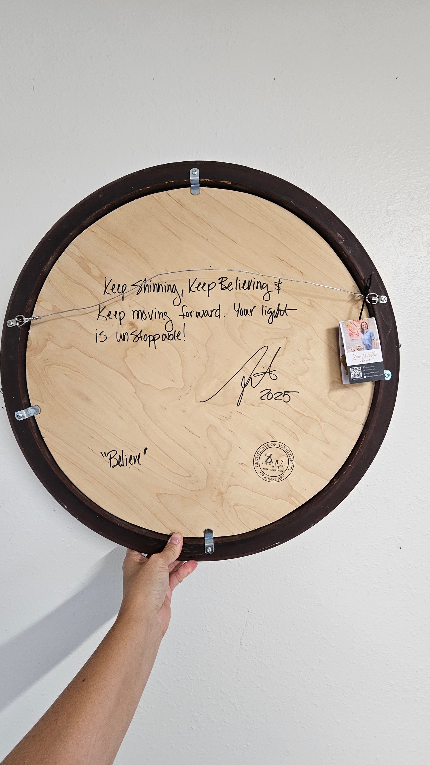 Believe_ Magnolia Round Painting_ original acrylic painting_ Zoe White Art