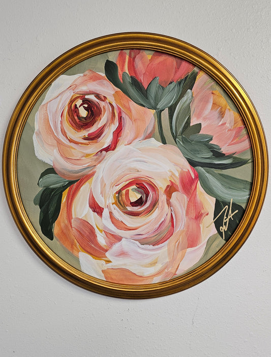 Blooming 3 _ Rose Oval Painting_ original acrylic painting_ Zoe White Art