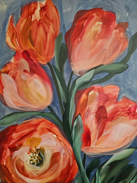 SALE 50% - Embrace #1 _ Tulip Flower Painting by Zoe White _ Acrylic on canvas