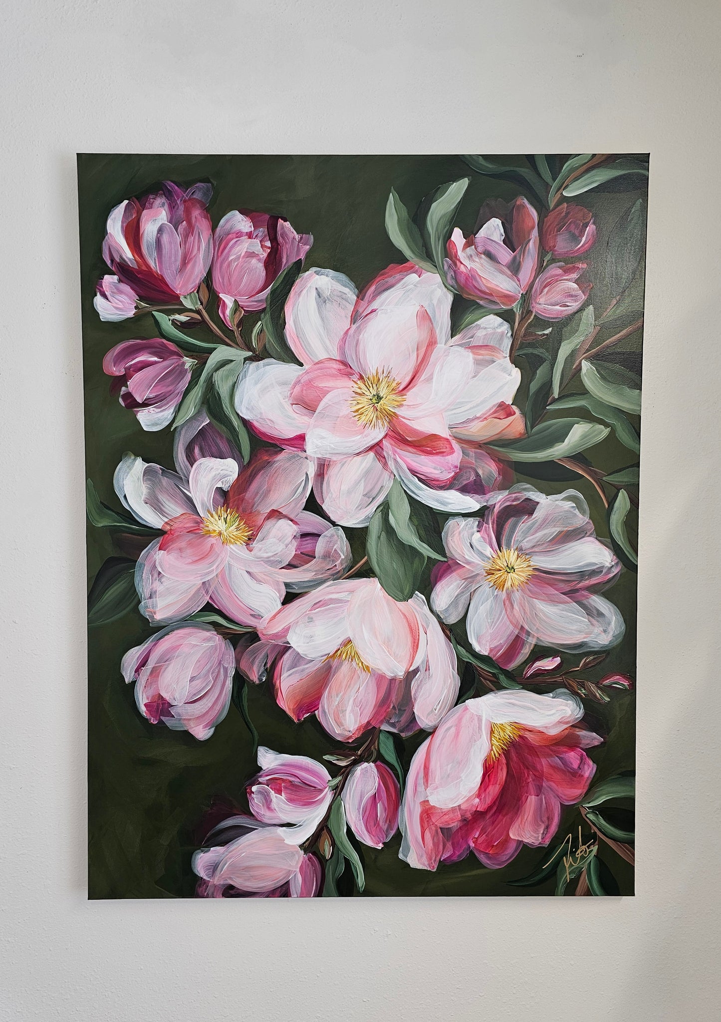 Transformation _ Pink Magnolia Flower Painting by Zoe White _ Acrylic on canvas
