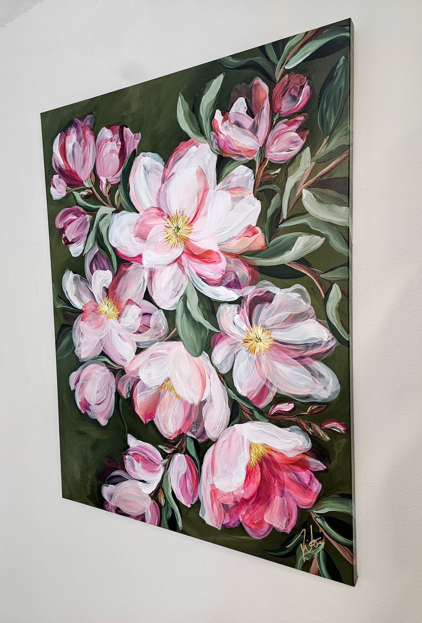 Transformation _ Pink Magnolia Flower Painting by Zoe White _ Acrylic on canvas