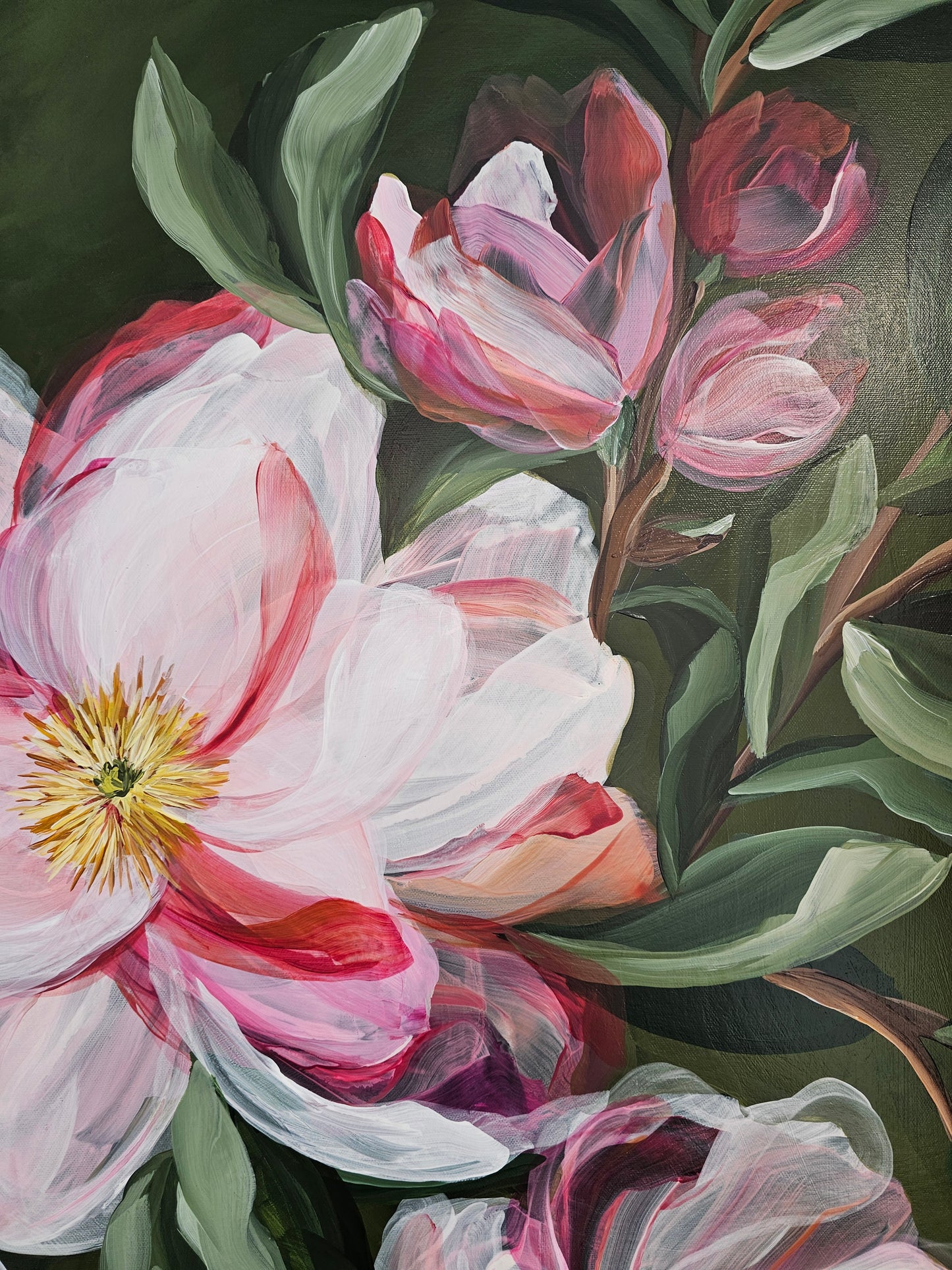 Transformation _ Pink Magnolia Flower Painting by Zoe White _ Acrylic on canvas