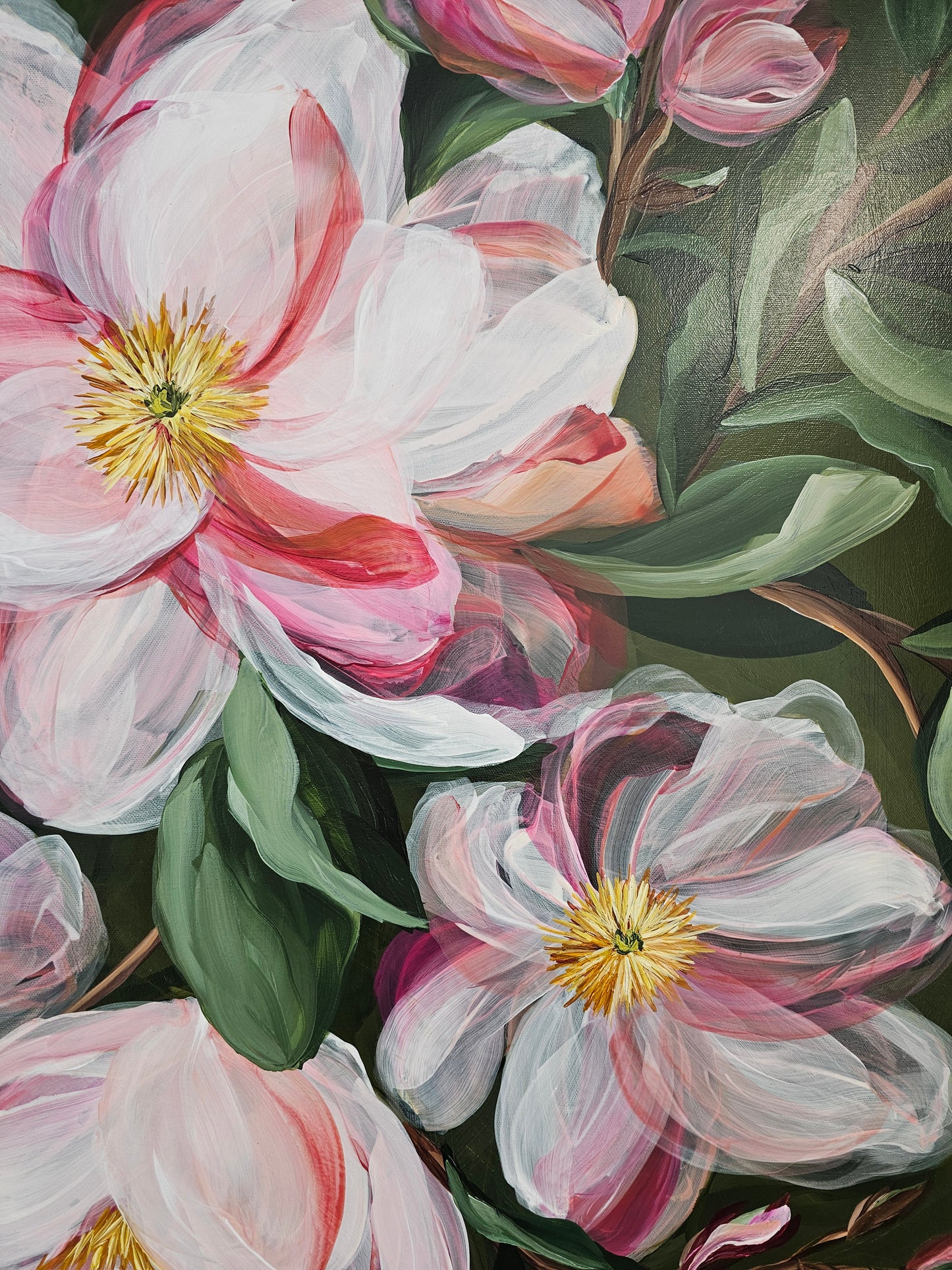 Transformation _ Pink Magnolia Flower Painting by Zoe White _ Acrylic on canvas