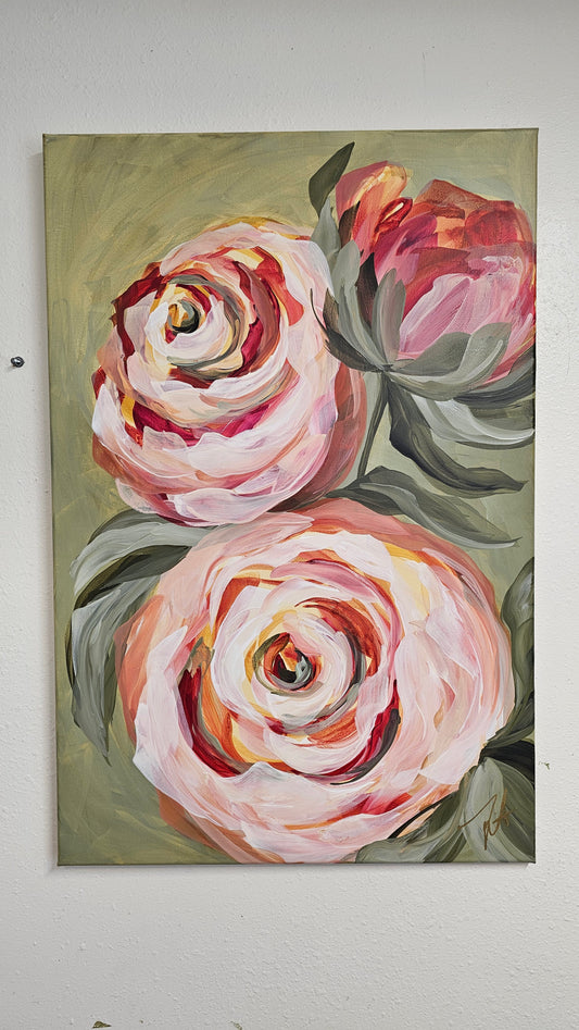 SALE 50% - Blooming #1 _ Rose Flower Painting by Zoe White _ Acrylic on canvas