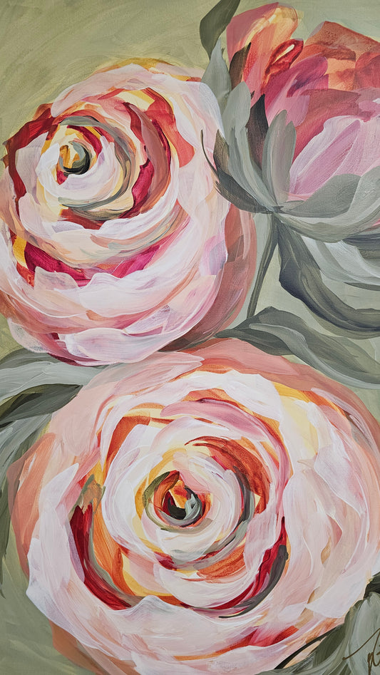 SALE 50% - Blooming #1 _ Rose Flower Painting by Zoe White _ Acrylic on canvas