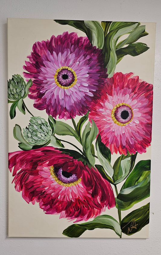 SALE 50% - Endurance _ Zinnia Flower Painting by Zoe White _ Acrylic on canvas