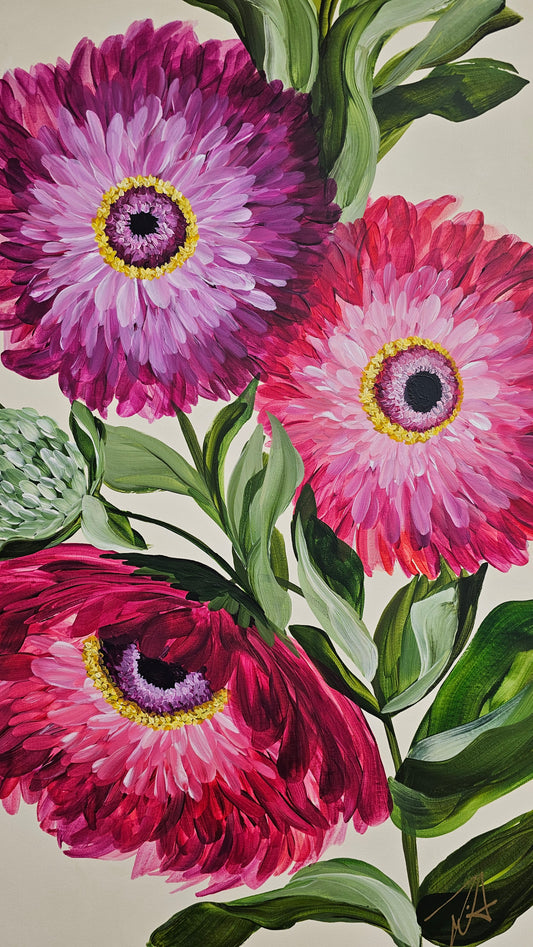 SALE 50% - Endurance _ Zinnia Flower Painting by Zoe White _ Acrylic on canvas