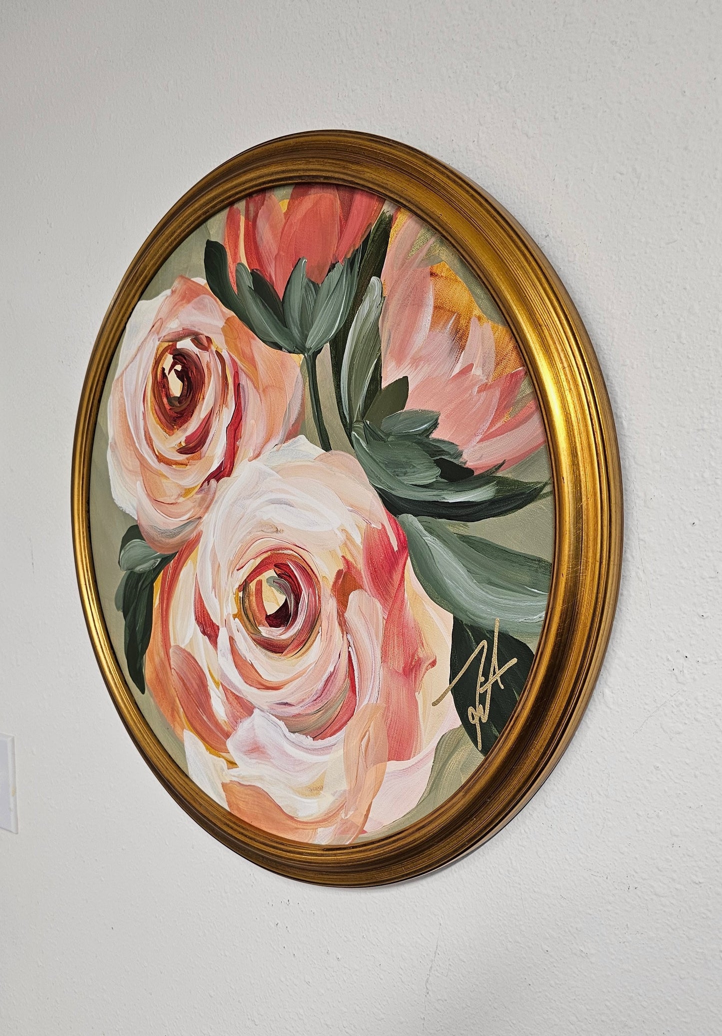 Blooming 3 _ Rose Oval Painting_ original acrylic painting_ Zoe White Art