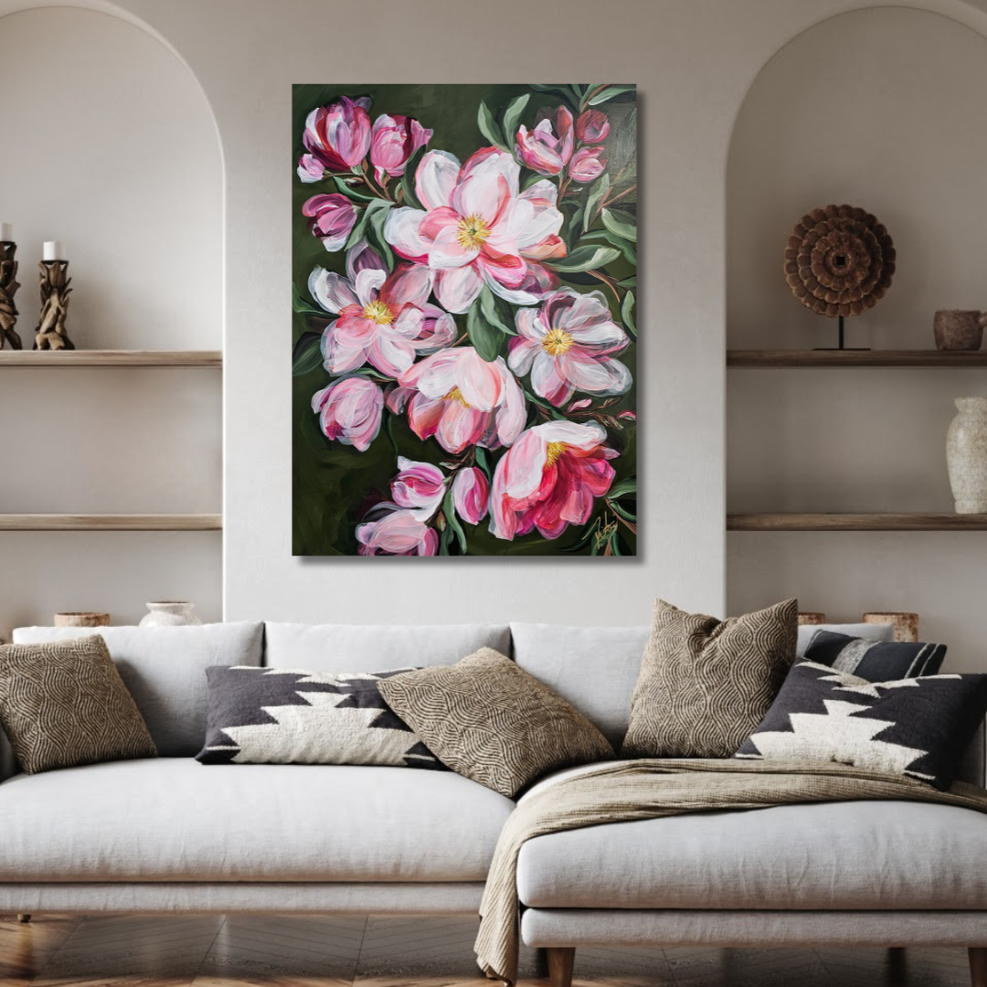 Transformation _ Pink Magnolia Flower Painting by Zoe White _ Acrylic on canvas