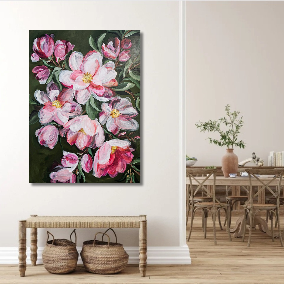 Transformation _ Pink Magnolia Flower Painting by Zoe White _ Acrylic on canvas