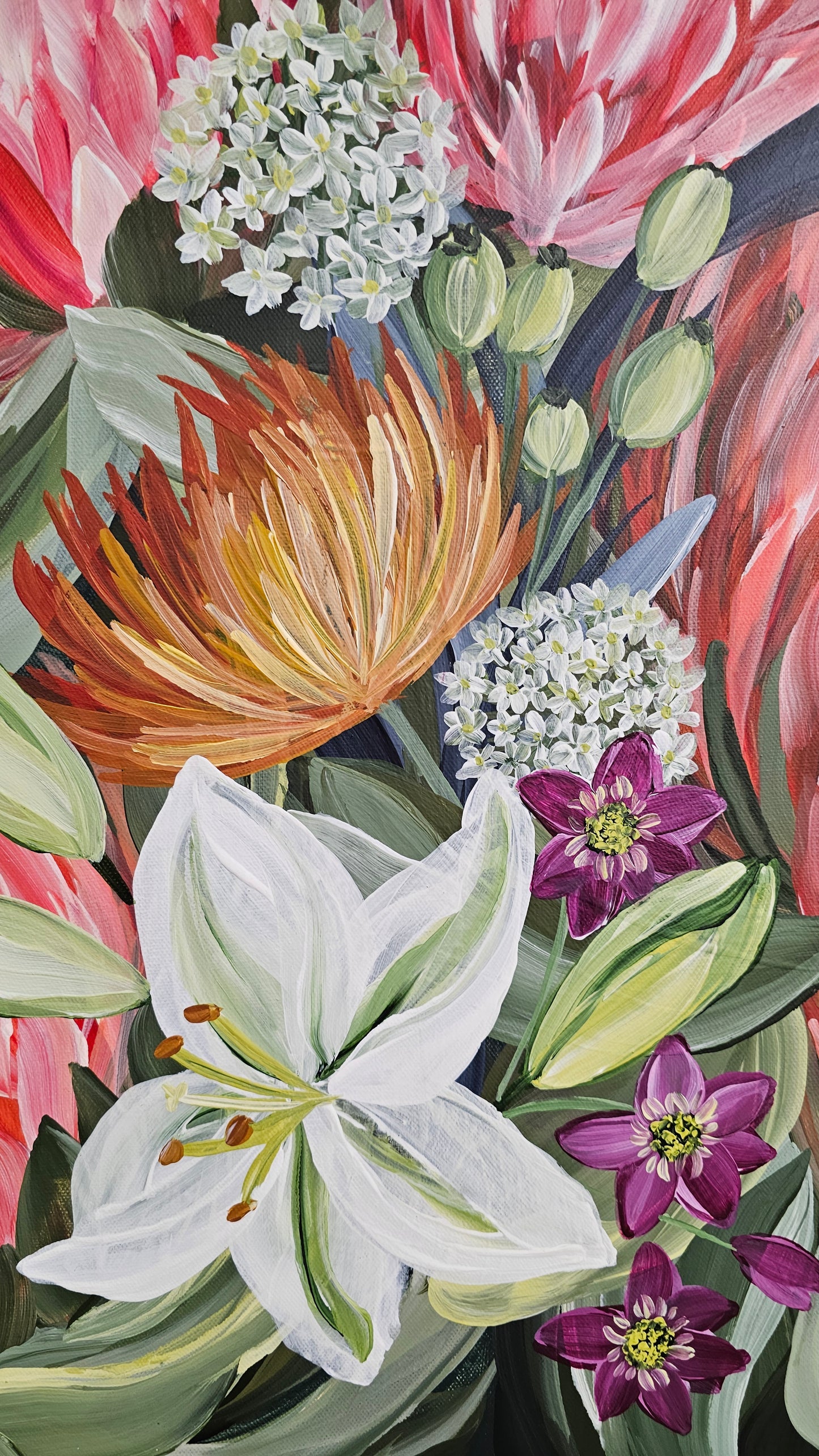 "Fresh Blooms"  _ Protea Bouquet Flower Painting_ Zoe White Art
