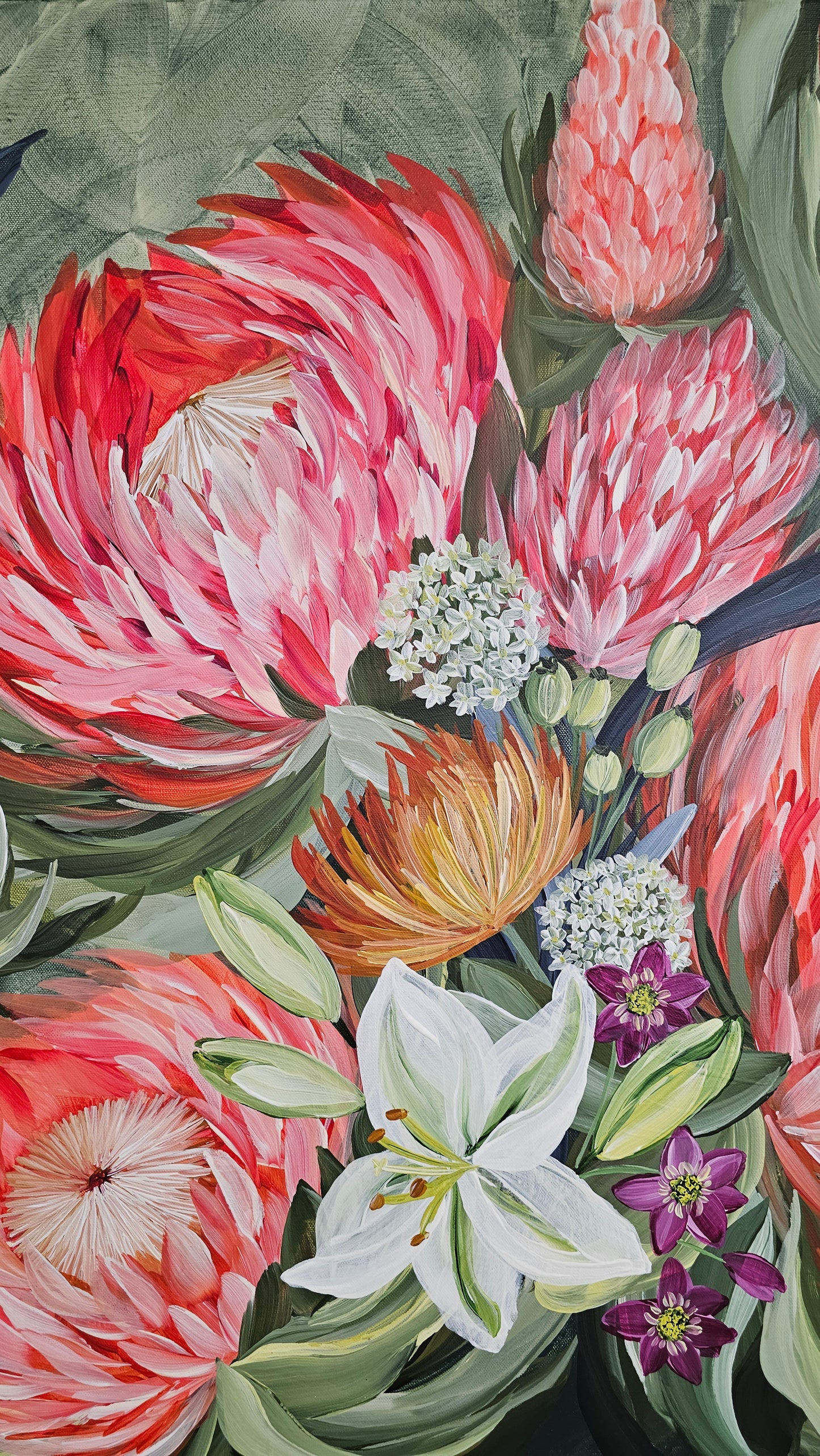 "Fresh Blooms"  _ Protea Bouquet Flower Painting_ Zoe White Art