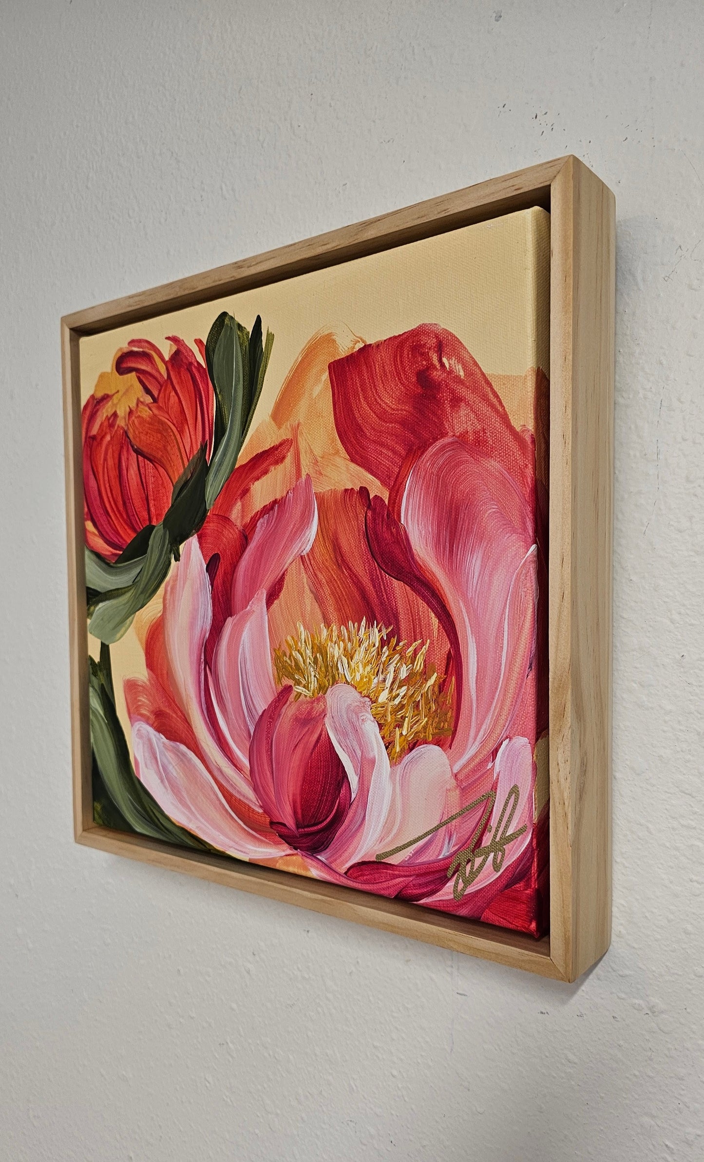 "Fresh Wonder" 2 _ 12x12 Peony Flower Painting by Zoe White _ Acrylic on canvas