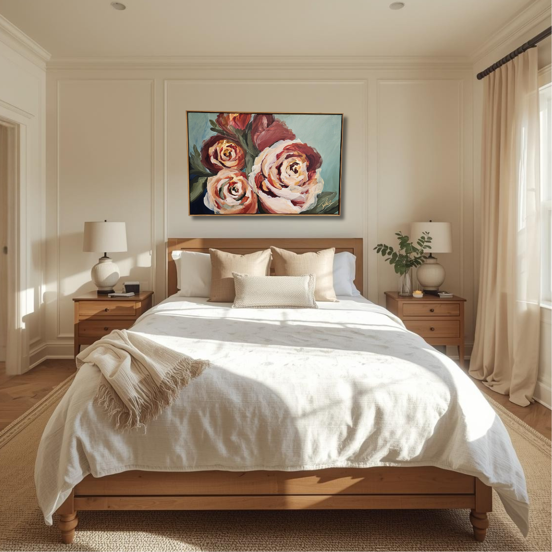 Rosy Buds _  Rose Flower Painting by Zoe White _ Acrylic on canvas