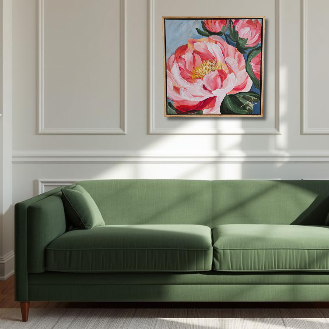 "Fresh Wonder" #1 Peony Flower Painting by Zoe White _ Acrylic on canvas