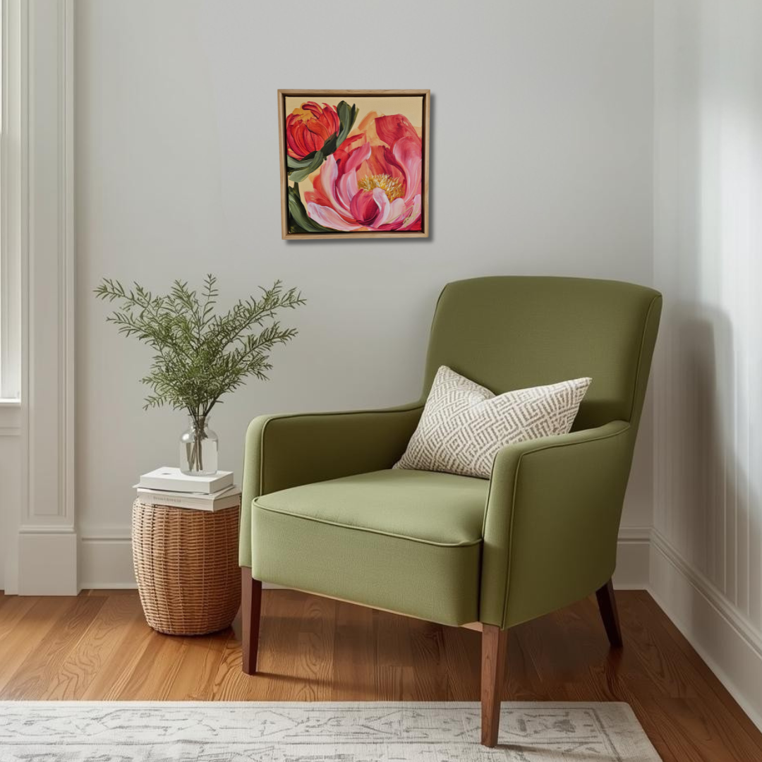 "Fresh Wonder" 2 _ 12x12 Peony Flower Painting by Zoe White _ Acrylic on canvas