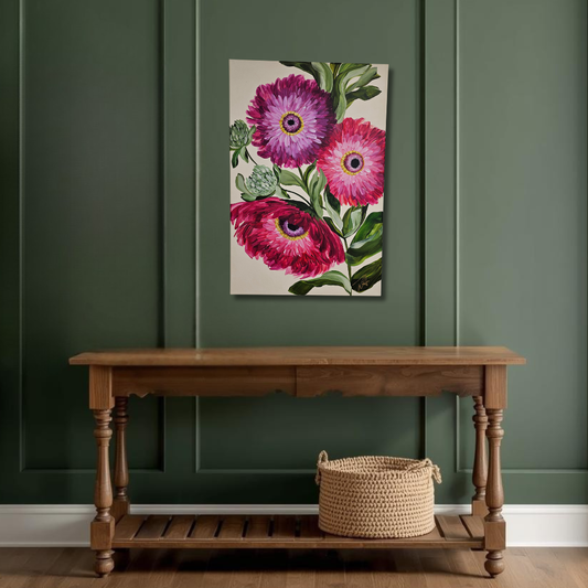 SALE 50% - Endurance _ Zinnia Flower Painting by Zoe White _ Acrylic on canvas